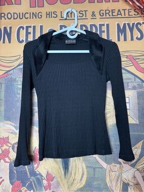 Morgan De Toi Black Ribbed Long Sleeve Top with Velvet Collar